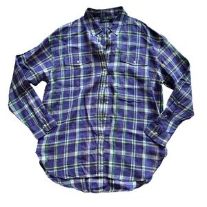 Lauren Ralph Lauren Black Label Women XL Plaid‎ Linen Button Down Shirt Preppy
